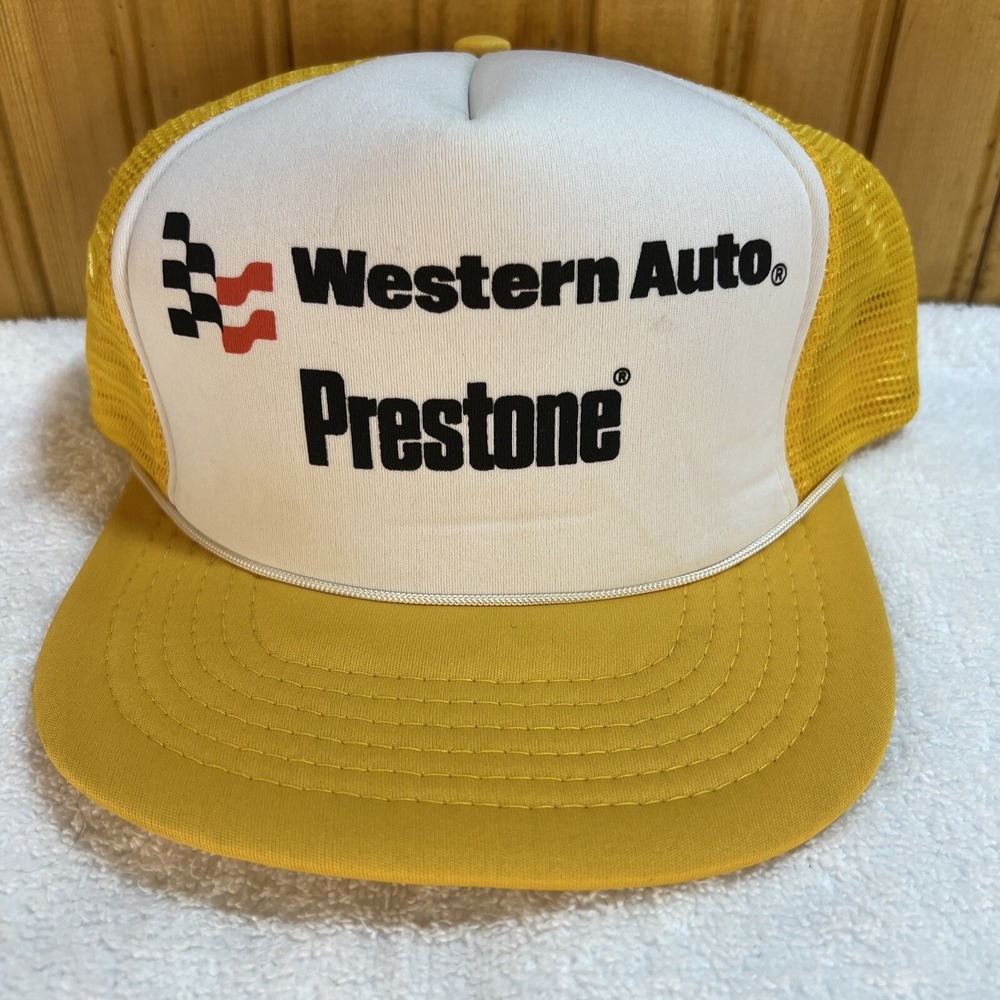 Vintage Western Auto Prestone Snap Back Yellow Mesh Trucker Hat Adjustable
